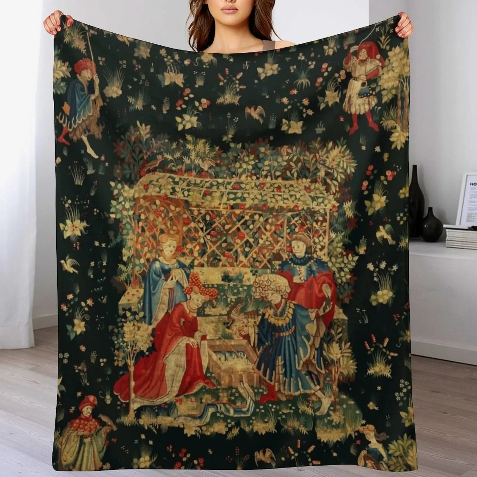 

FALCONS BATH Red Blue Antique Medieval Tapestry,Court Figures,Birds, Flowers ,Rose Trellis Throw Blanket Sofa Throw Blankets