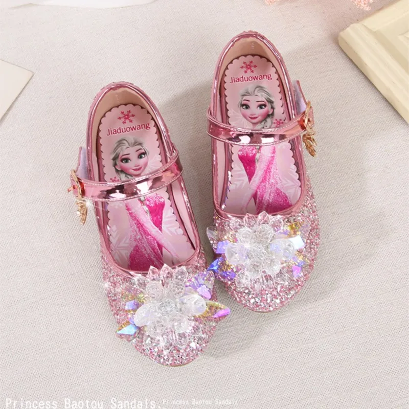 Frozen Elsa Princess Girls Leather Crystal Shoes Glitter Casual High Heels Girls Sandals Pink Blue Silver Elsa Shoes