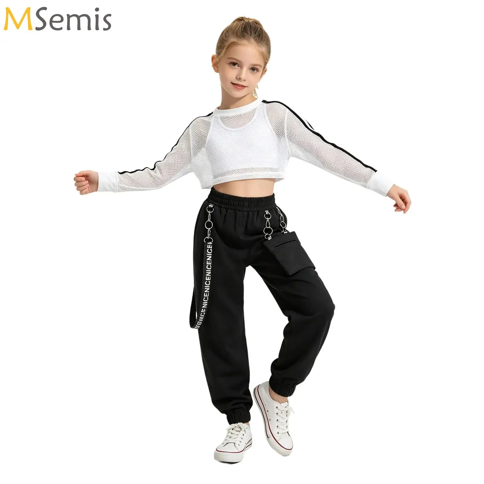 

Girls Hip-Hop Jazz Street Dance Performance Costume Long Sleeve Mesh Crop Top with Vest and Chain Pants for Skateboarding Sports