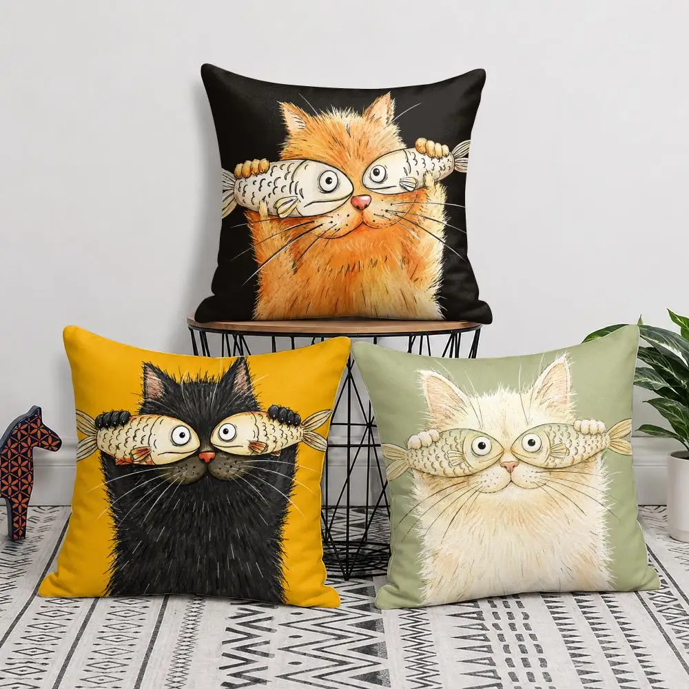 Cat Holding Fish Cushion Cover Short Plush Soft Double-Sided Printing Pillow Case Cozy Sofa Bedroom Home Decor Gift