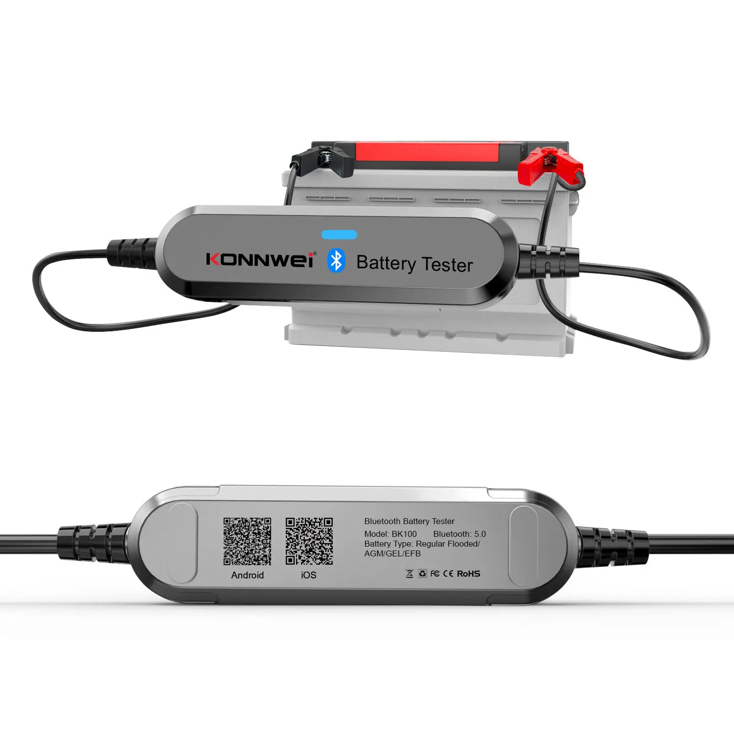 

KONNWEI BK100 Bluetooth 5.0 Car Motorcycle Battery Tester 6V 12V Battery Monitor 100 to 2000 CCA Charging Cranking Check Tools