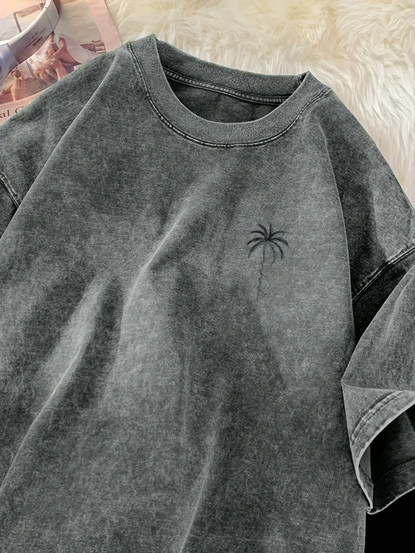 2026 Summer New Style Men's Vintage Washed Pure Cotton T-Shirt Fashion Comfortable Soft Casual Coconut Pattern Print