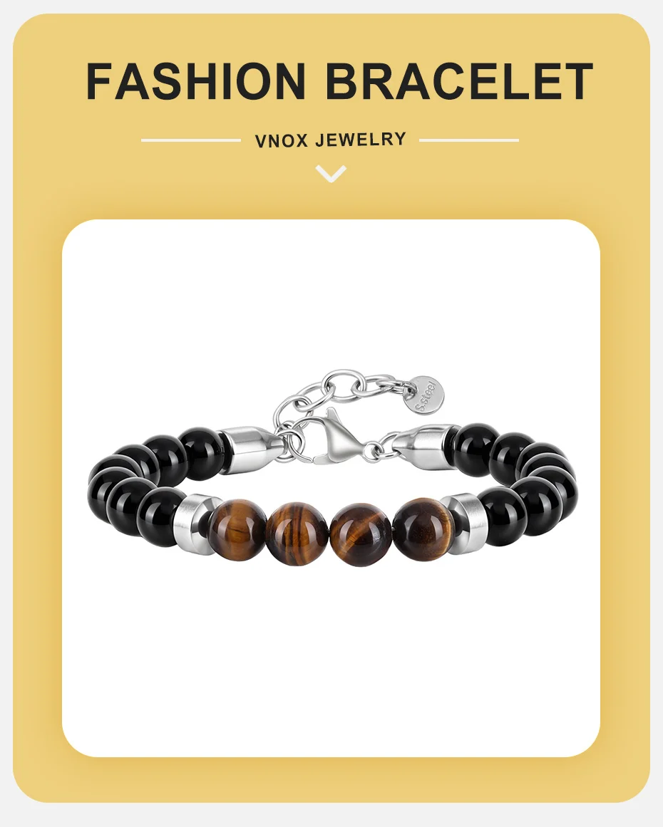 Vnox Tigerauge-Stein Perlenarmband für Männer, Edelstahl-Abstandhalter 8mm Perlen Verstellbares 19-22cm Armband Trendiger Schmuck Geschenk – Detail 1