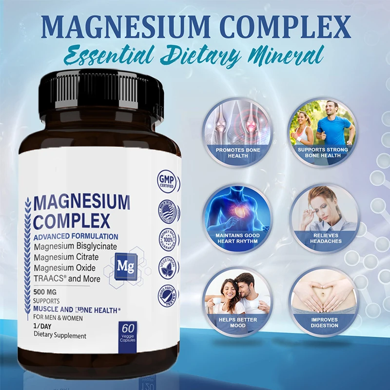 Magnesium 60 capsules for exercise, fitness, sleep regulation,blood pressure maintenance,strong muscle and bone health,digestion