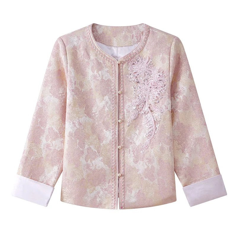 Embroidert Women Elegant Coat Beads Satin Jacket Patchwork Long Sleeve Chinese Style Blouse Round Collar Vintage Button Shirt