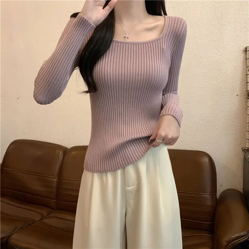 

Women's Slim Fit Knitted Sweater Square Collar Fleece Lined Thickened Autumn Winter Inner Wear Base Layer Long Sleeve Top