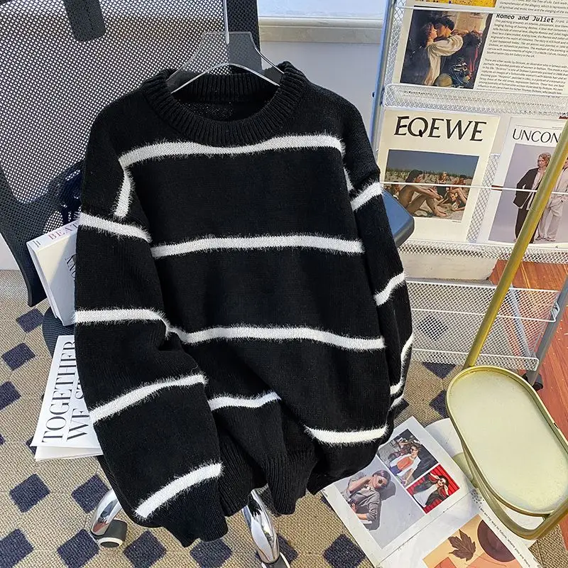 

Men's round Ne Knit Sweater Stripe Pattern Loose Fit Casual Sle Inner Wear Autumn Winter New Arrival Polyester Fiber