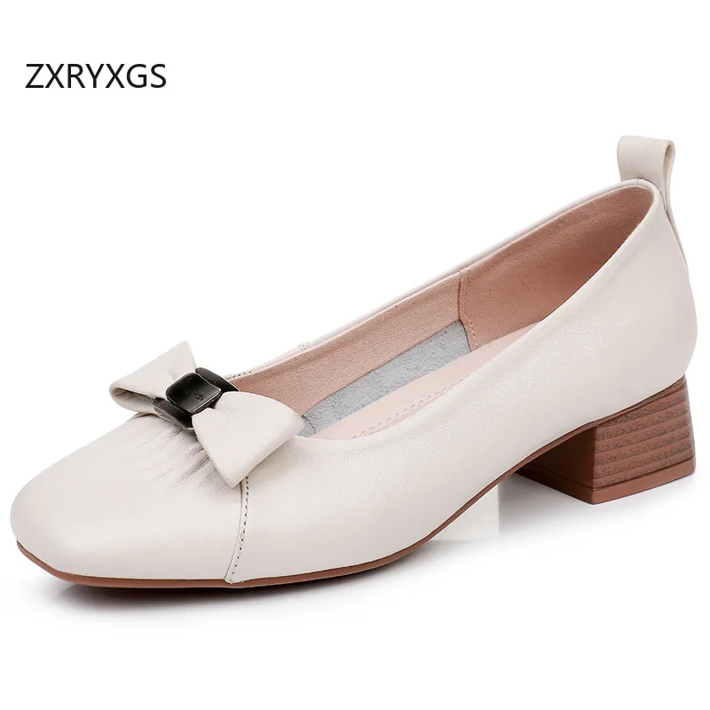 

ZXRYXGS 2025/Новинка весны, черно-белые туфли премиум-класса из натуральной кожи, женские туфли на среднем каблуке с бантом-бабочкой, большие размеры, банкетная рабочая обувь