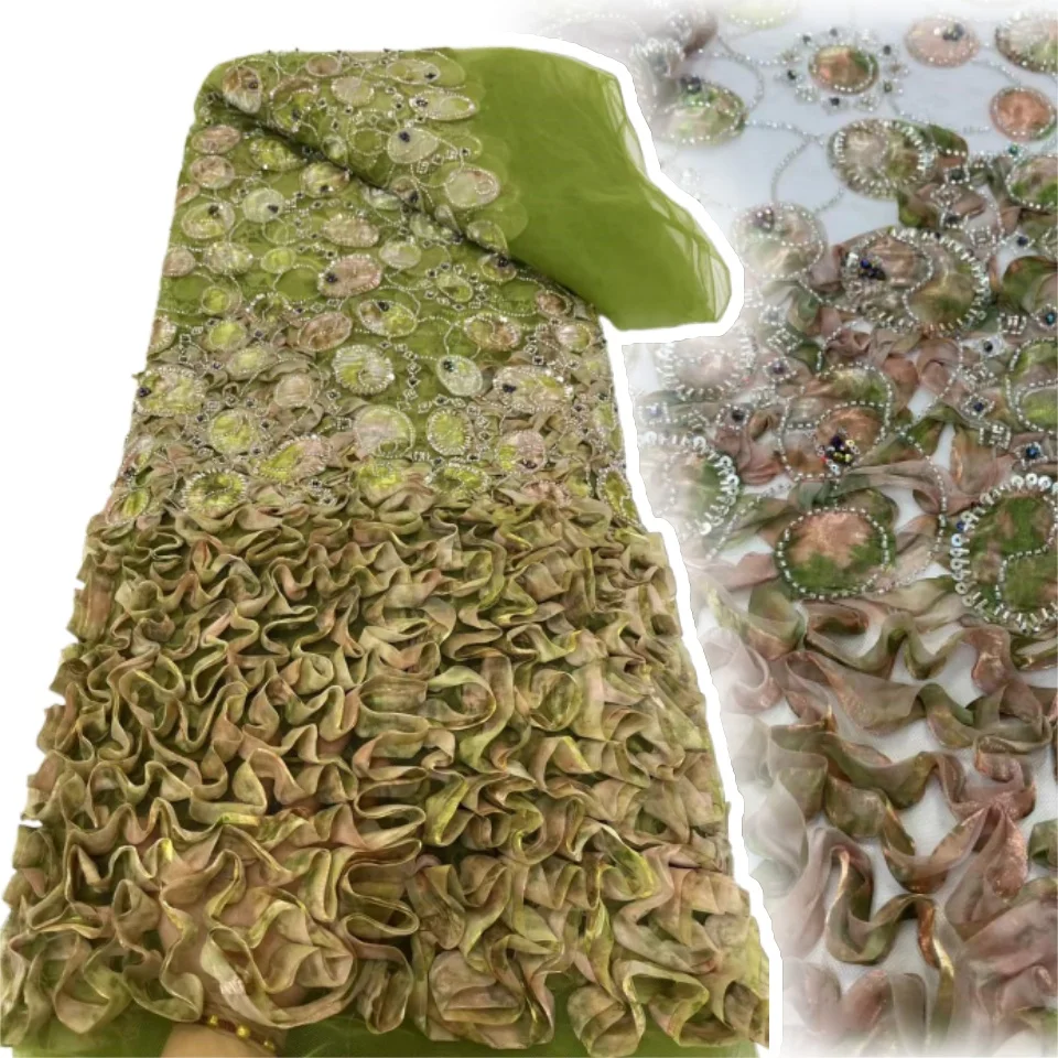 

African 3D Beads Lace Fabric 2025 High Quality French Nigerian Sequins Embroidery Tulle Fabric for Wedding Dress AH1258