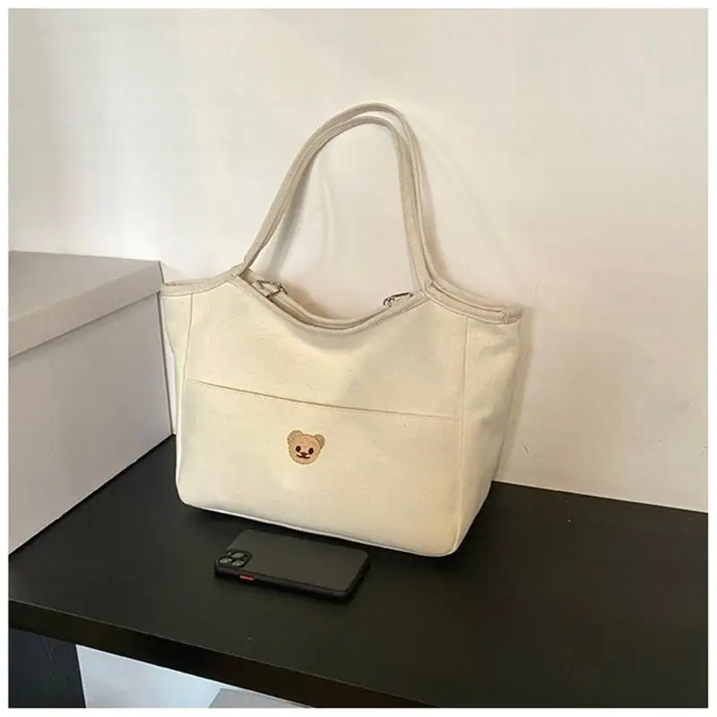 U13F حقيبة حفاضات الأمومة سعة كبيرة من القطن مع تطريز الدب وأشرطة كتف مريحة حقيبة حفاضات السفر الأساسية #5