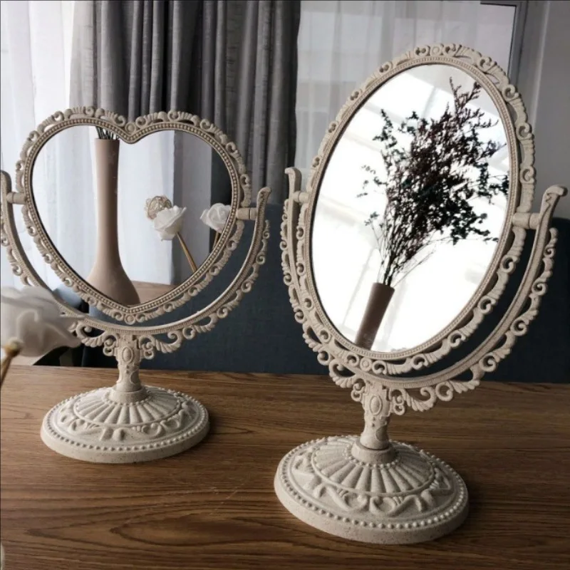 Espejo de tocador Vintage con forma de corazón, espejo cosmético de sobremesa de doble cara, estilo coreano, marco de PU estético de Instagram, decoración de escritorio
