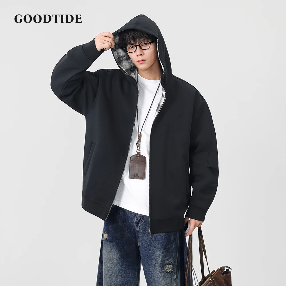 

Мужская повседневная толстовка на молнии, новинка 2025 года, капюшон на подкладке в клетку и свободный дизайн, модная осенне-зимняя повседневная одежда, топ