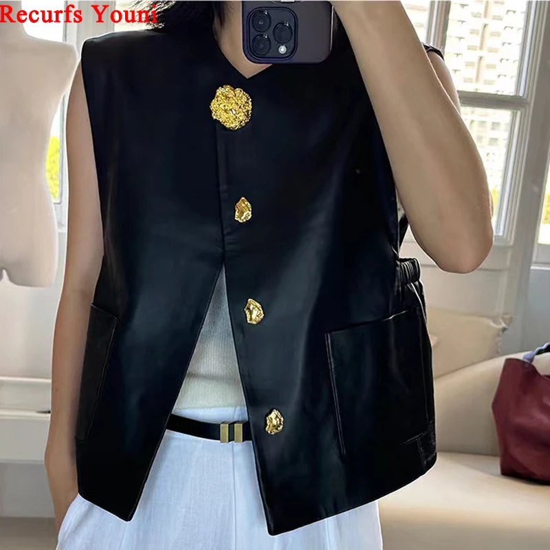 

Black Sheepskin Vest for Women Autumn 2023 Novelty Gold Button Pockets Elastic Hem Leather Short Tops Quilted Colete Feminino