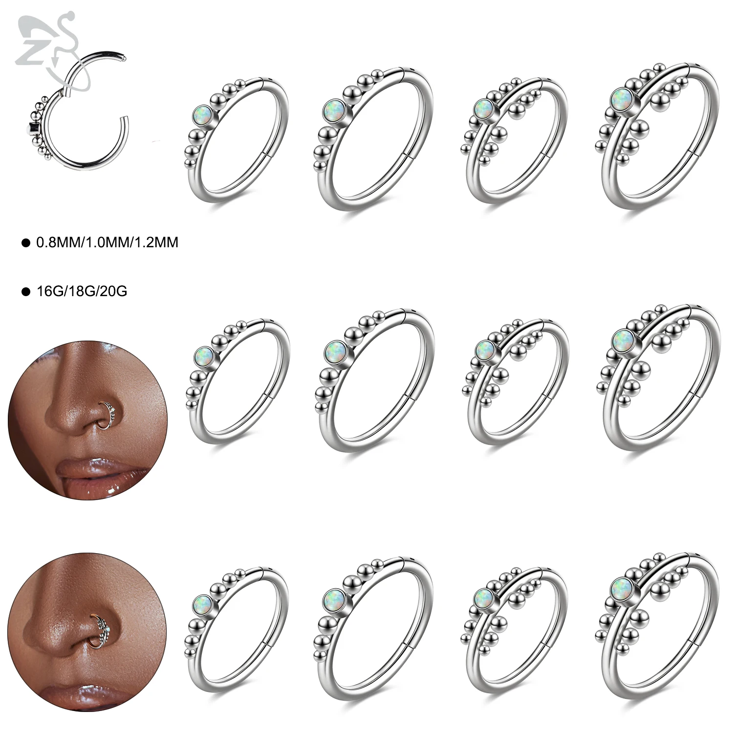 ZS 1PC Opal Nose Stud 316L Stainless Steel Lip Piercing Silver Plated L Shape Nostril Piercing 16G/18G/20G Earring  Jewelry