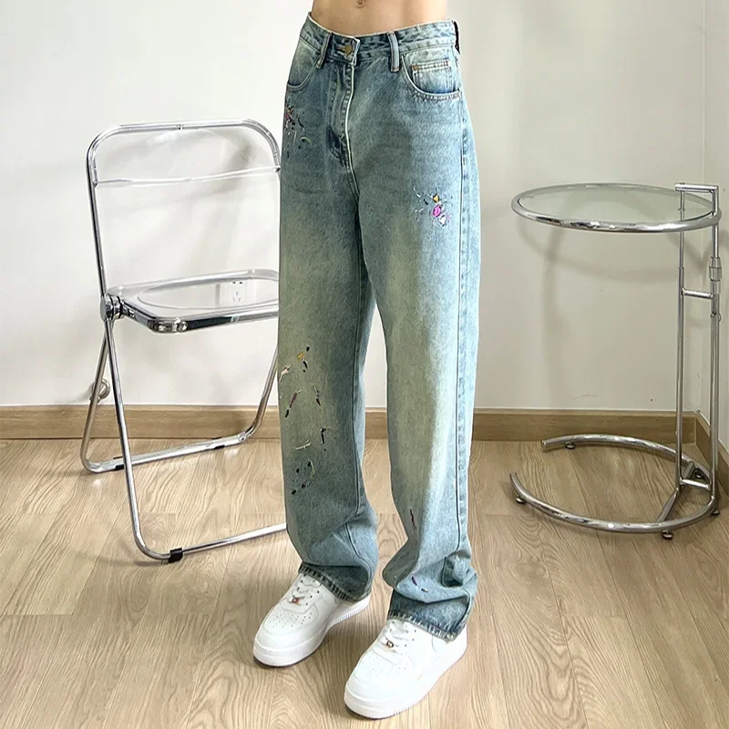 Jeans American High Street Embroidery Splashed with Ink Wash Old Ins Trendy Brand Loose Straight Tube Street Hip-hop Pants