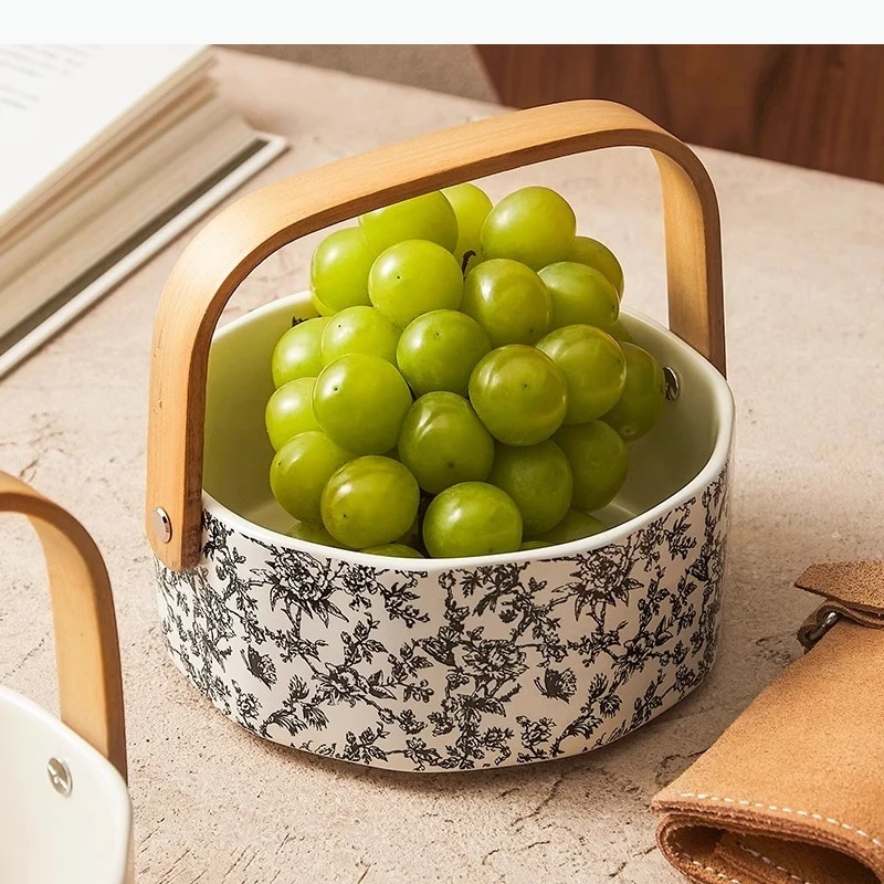 

and Wood Handle Straight Fruit Plate Retro Dried Fruit Plate Bread Snack Plate Specialty Ceramic Tableware