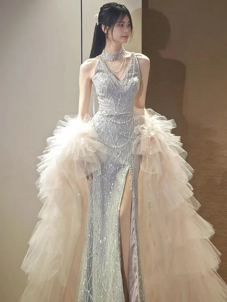 

2025 New Exquisite Sequined Prom Dress Halter Split Appliques With Beading Sexy Elegant Princess Evening Dress Vestido De Novia