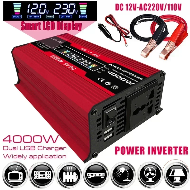 4000W LCD Display Solar Power Inverter 12V to 110V/220V USB Modified Wave Sine Voltage Transformer Car Adapter Charge Converter
