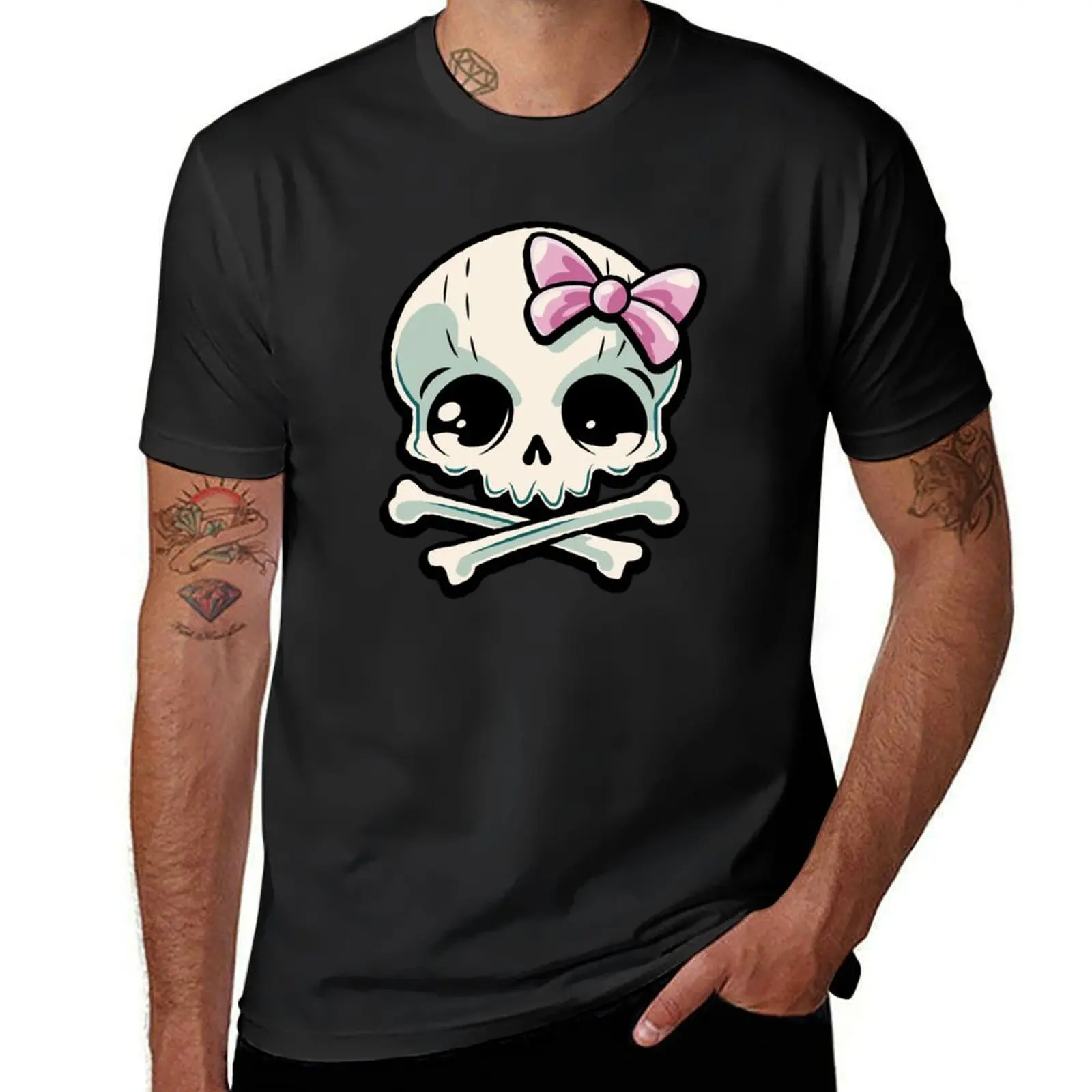 Kawaii skull with a pink hair bow T-Shirt summer tops Short sleeve tee summer clothes mens t shirts casual stylish