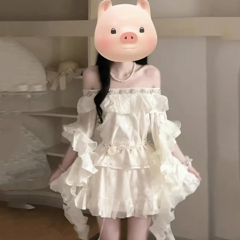 

Summer New Stunning Womens Two Peice Sets Japanese Style One Shoulder Top and Short Skirt Sets Temperament with Ruffled Edges