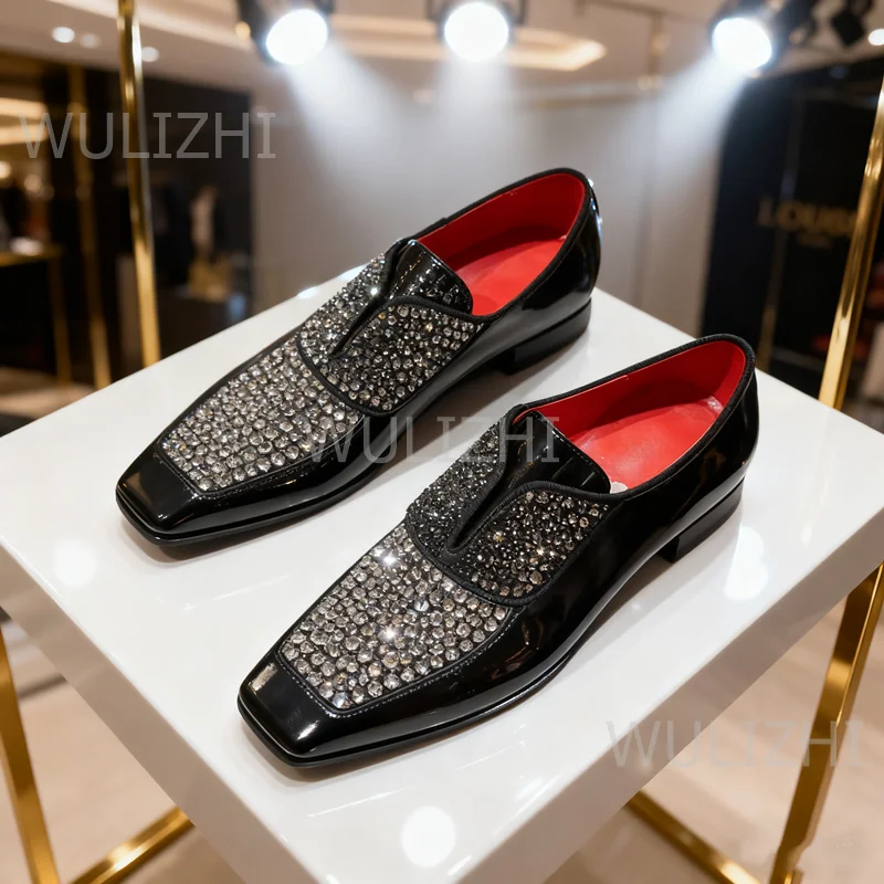 

Men's Leather Loafers Crystal Trim Sparkly Arty Style Oxfords Suede Flats Red Luxurious Casual Office Shoes Wedding