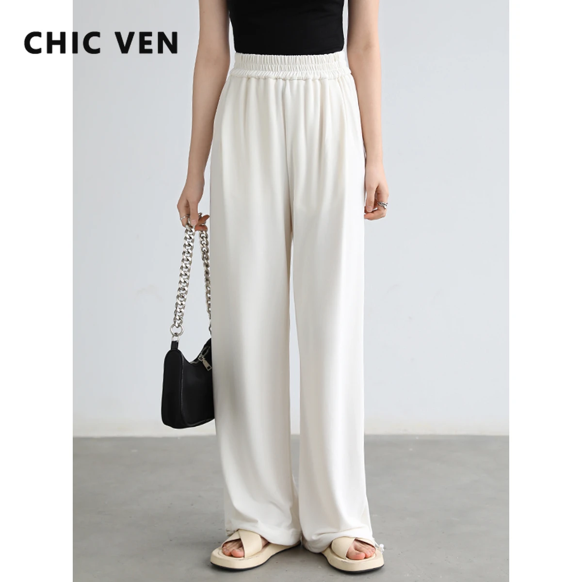 

CHIC VEN Trousers Women Cotton Casual Loose Elastic Waist Drawstring Wide Leg Casual Pants for Women Sports Female Summer 2022
