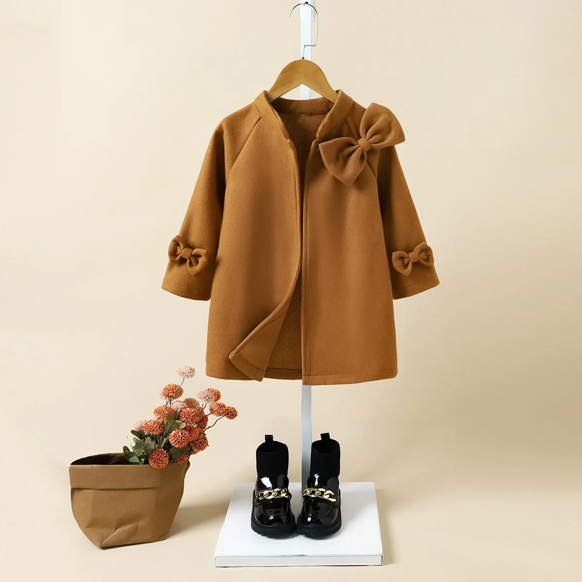 Baby Girls Wool Coat Kids Outerwear with Bowtie 2023 Autumn Winter Toddler Warm Jacket Children's Thicken Clothes Korean Style