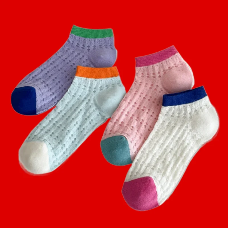 5 Pairs 2024 New Casual Matching Short Tube Socks Candy Color Spring And Summer Breathable Ultra-thin Colorful Mesh Cotton Socks