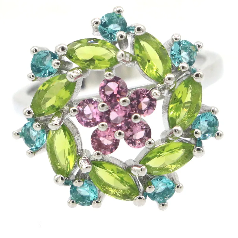20x19mm Gorgeous 4g Flowers Shape Multi Color Tourmaline Blue Aquamarine Peridot London Blue Smoky Topaz Women Silver Rings