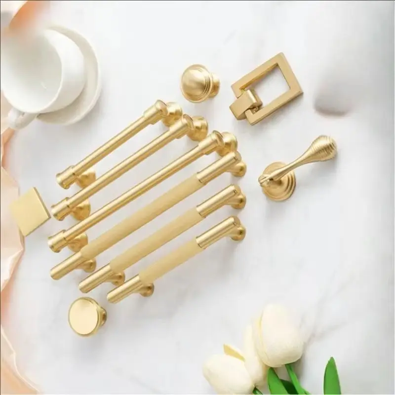 Solid Brass Cabinet Pull Handles Minimalist Brushed Gold Single Hole Drawer Knobs Kitchen Cabinet Hardware Easy Install
