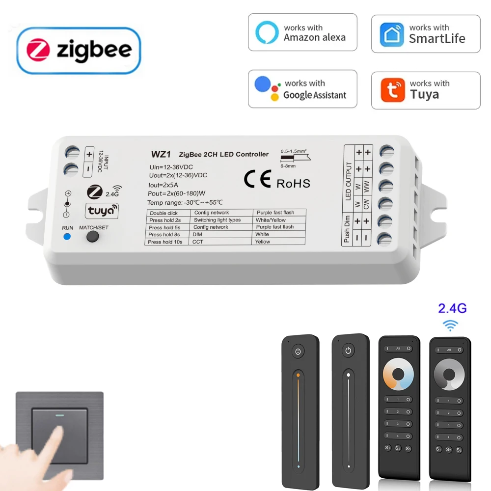 Tuya Zigbee 2CH LED Controller DC 12V 24V Smart Dimmer With Push Dimming 4 Zone RF 2.4G Remote Control For WW CW CCT LED Strip