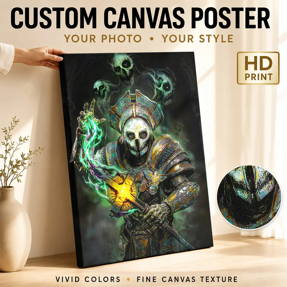 Undead Necromancer With Glowing Staff Canvas Poster Customized Photo Painterly Wall Art For Reading Nook, Adventure Lover Gift