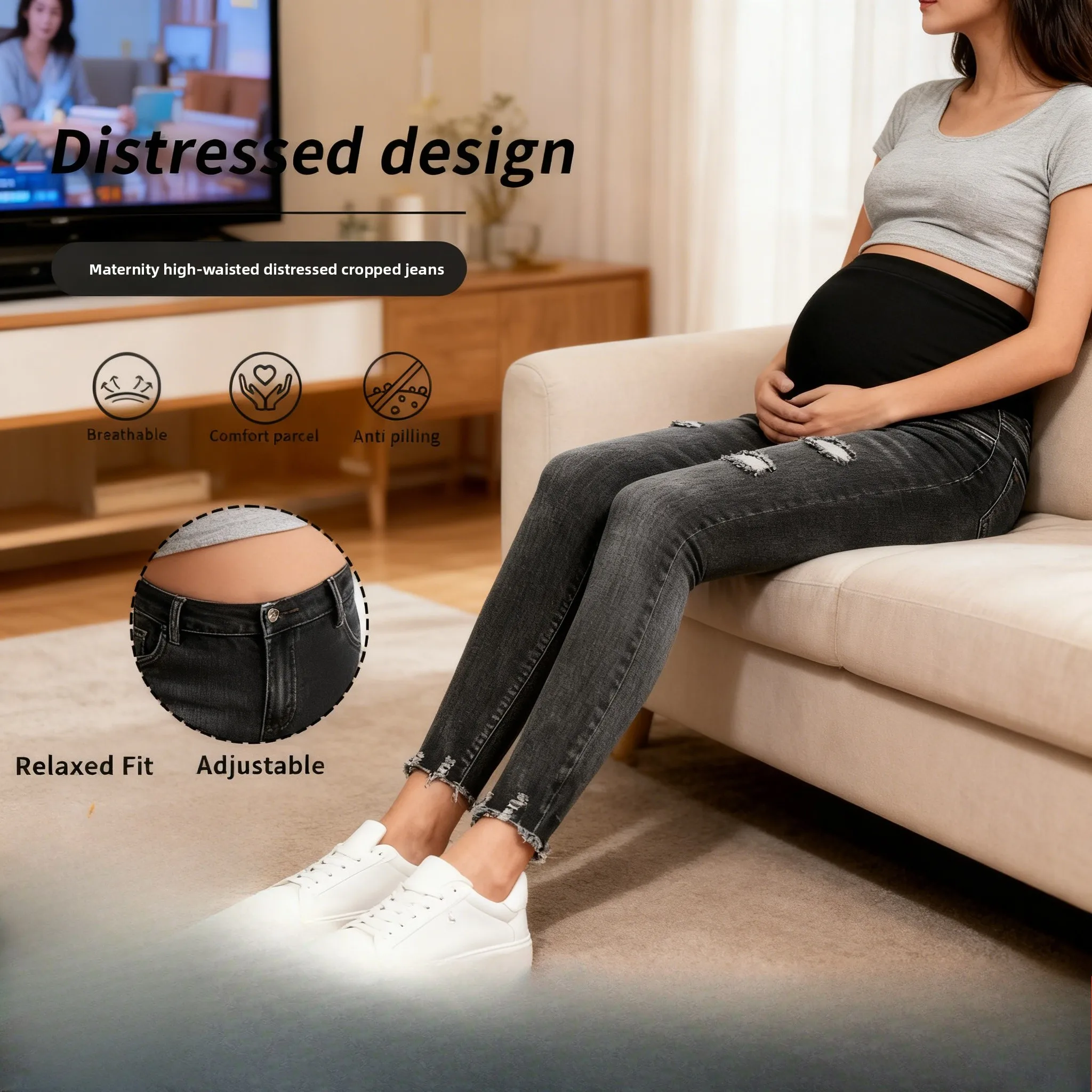 

Летние тонкие джинсы для беременных, укороченные, рваные, в стиле ретро, светло-серые, не сдавливающие живот, для беременных женщин