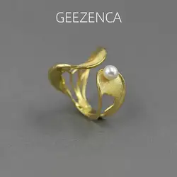 GEEZENCA 925 Sterling Silver Pearl Turquoise Hollow Irregular Geometric Ring For Women Designer Chic Open Rings 2023 New Gift