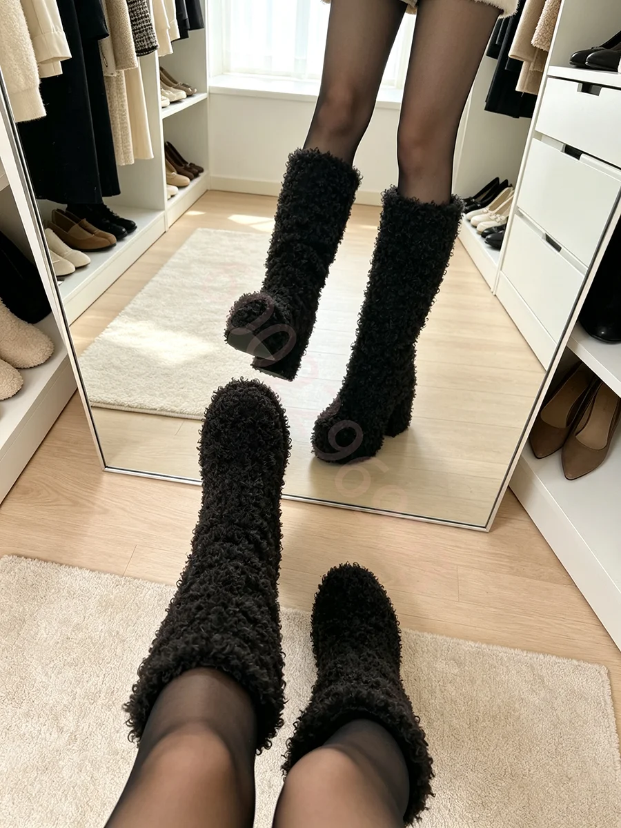 Women Winter Fluffy Curly Teddy Fur Knee High Boots Round Toe Chunky Platform Block Heel Gothic Party Tall Boots