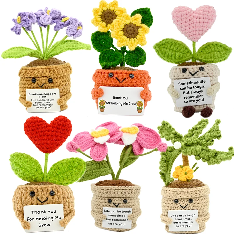 PlantSeries Positive Energy Sunflower Crochet Doll Handmade Knitted PottedPlant Hug with Encouragement Card Mini Desk Decor Gift