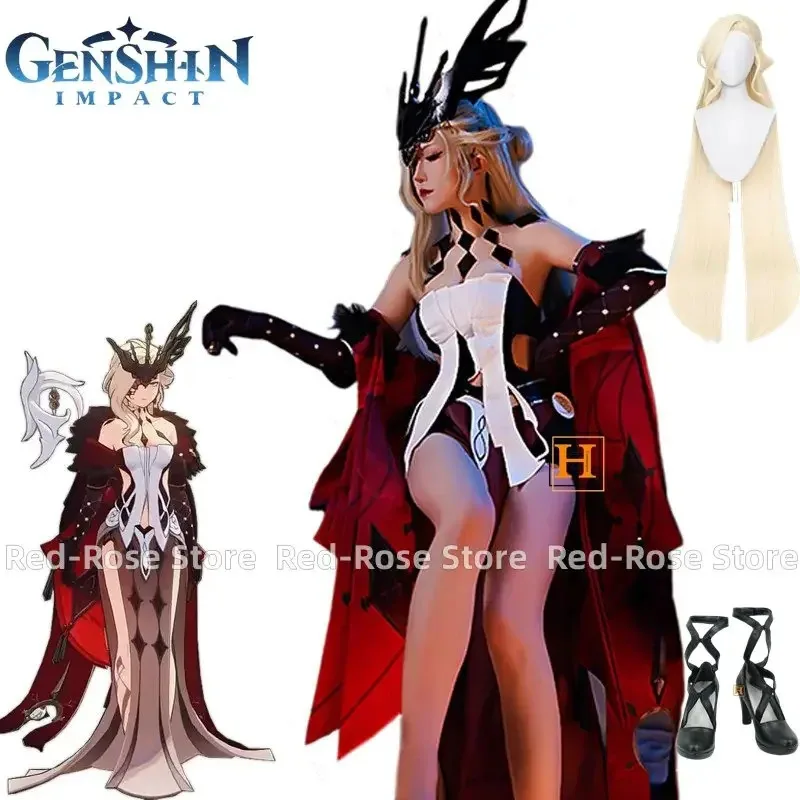 

Игра Genshin Impact Косплей La Signora Косплей Костюм NPC The Fair Lady Хэллоуин Униформа La Signora Костюмы Парик Обувь