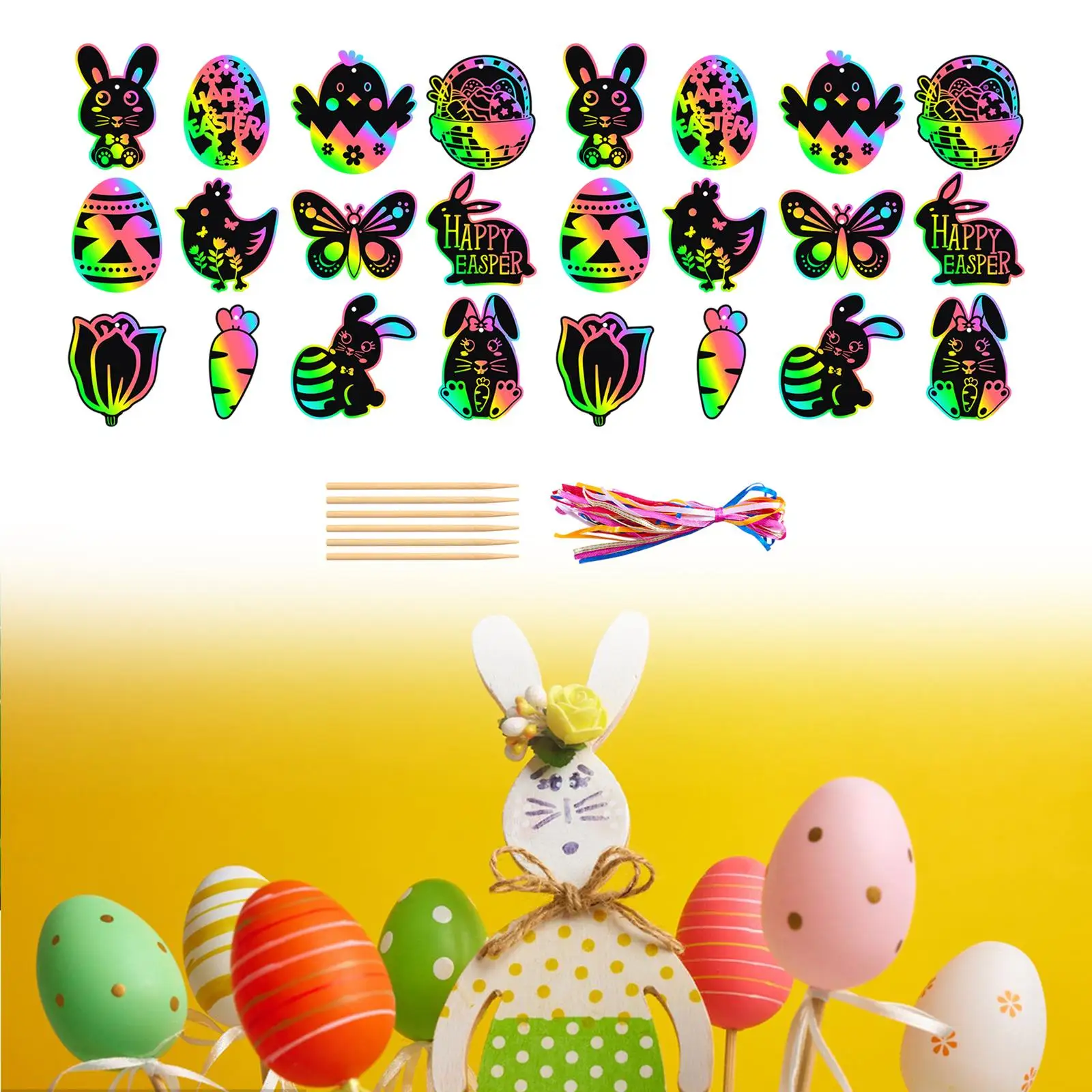 24x Easter Scratch Paper Set Hanging Drawing Toys Decorative Easter Crafts