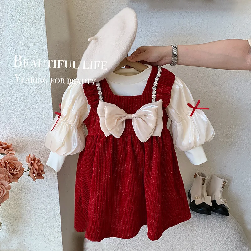 Girls Clothes Suit Dress Set Winter Foreign Style Girl Baby Red New Year Set with Velvet and Thick Red Princess Dress Set