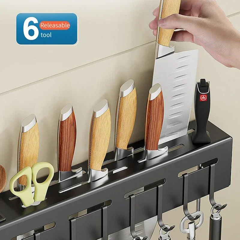 Hot Stainless Steel Kitchen Storage Rack Wall-mounted Multifunctional Storage Knife Rack with Multiple Brackets and Hooks