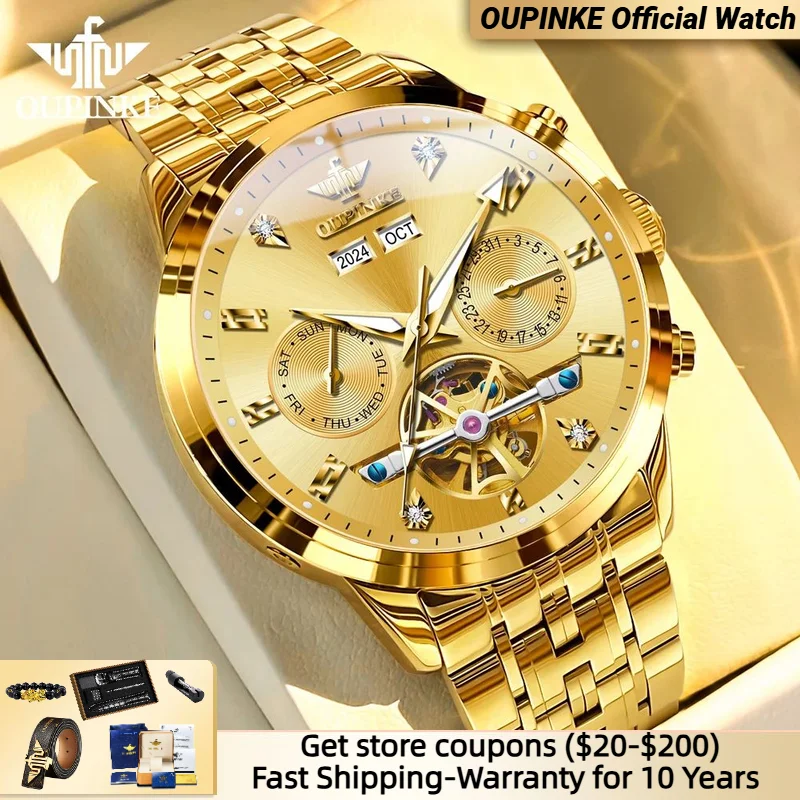 OUPINKE 3248 Full Gold Watch Men Flywheel Design Multifunctional Date Deep Waterproof Sapphire Mirror Luxury Dress Watch for Man