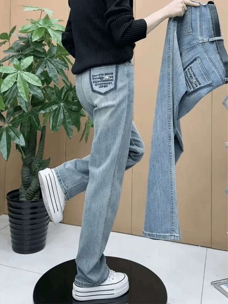 Cintura alta elástica denim jeans feminino verão novo solto versátil fino perna reta até o chão calças de algodão mistura de poliéster