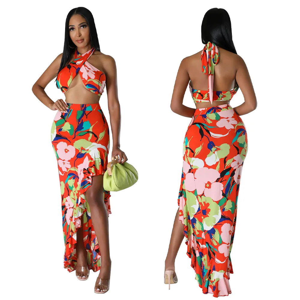 Ladies Dresses Summer 2024 Wear Streetwear Pareo Clothing Casual For Women Outlet Vestido Lotus Leaf Swing Split Skirt Set