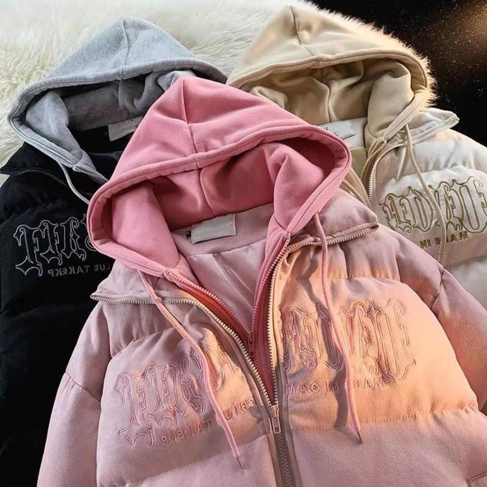 Cotton Jackets for Women Korean Style All-Matched Oversized Fake Two Pieces Coats Letter Embroidery Fashion Thick Hooded Jacket