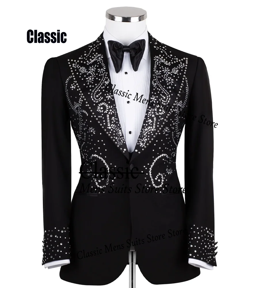 Sparkly Crystal Men Suits 3 Pieces Sets Customized Rhinestone Male Party Blazers Groom Evening Tuxedos Slim Sequin Costume Homme