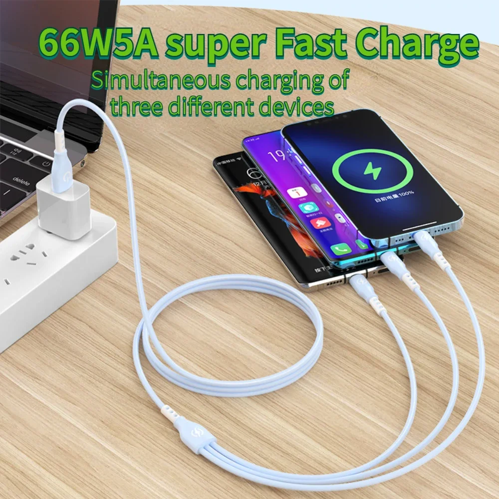 3 in 1 USB Cable 5A Fast Charging USB C Cable For iPhone 14 13 12 Pro Max Xiaomi 12 11 Huawei Samsung Mobile Phone Charge Cord