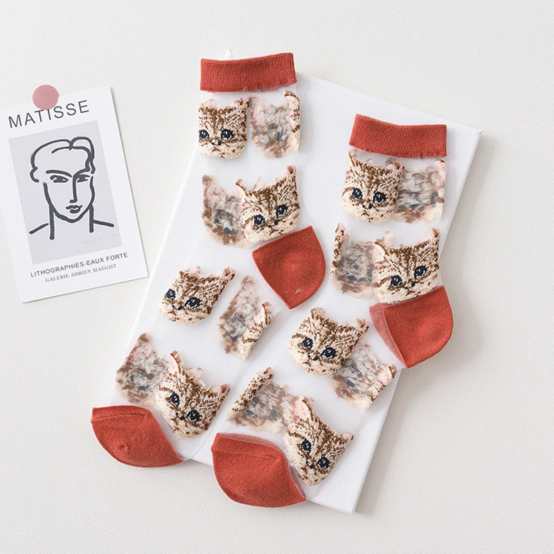 3 Pairs = 6Pieces Cool Transparent Cute Cat Women Socks Breathable Ladies Summer Thin Kawaii Silk Socks For Women Dropshipping