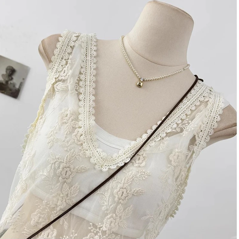 Slim Fitted Sheer V-neck Crochet Lace Sleeveless Tank Dress Women Summer Embroidery Mesh Cover Up Dress Transparent Beige Dress
