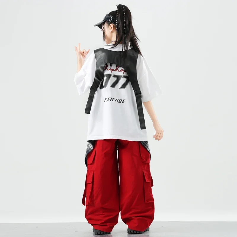 Ragazzi Abbigliamento Hip Hop Pantaloni cargo rossi Ragazze K-pop Abiti da ballo di strada Set di vestiti per bambini Spettacolo per bambini Costumi di scena streetwear