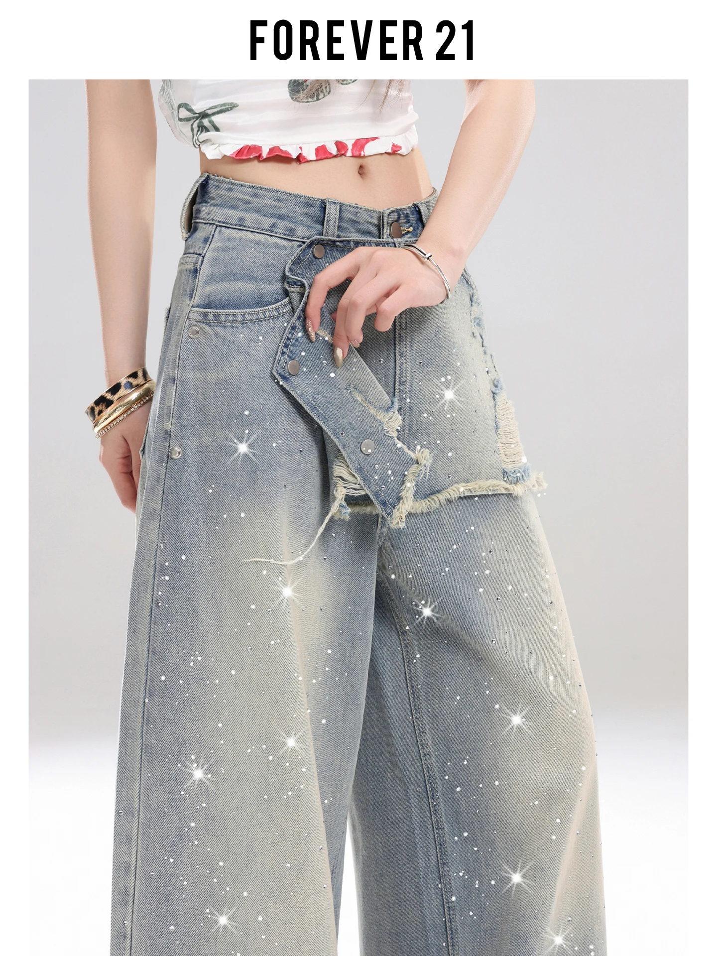 Jeans Anchos de Cintura Alta con Pedrería Azul Claro Retro de Forever 21 para Mujer, Pantalones Largos Rectos y Holgados de Estilo Americano, Jeans Casuales